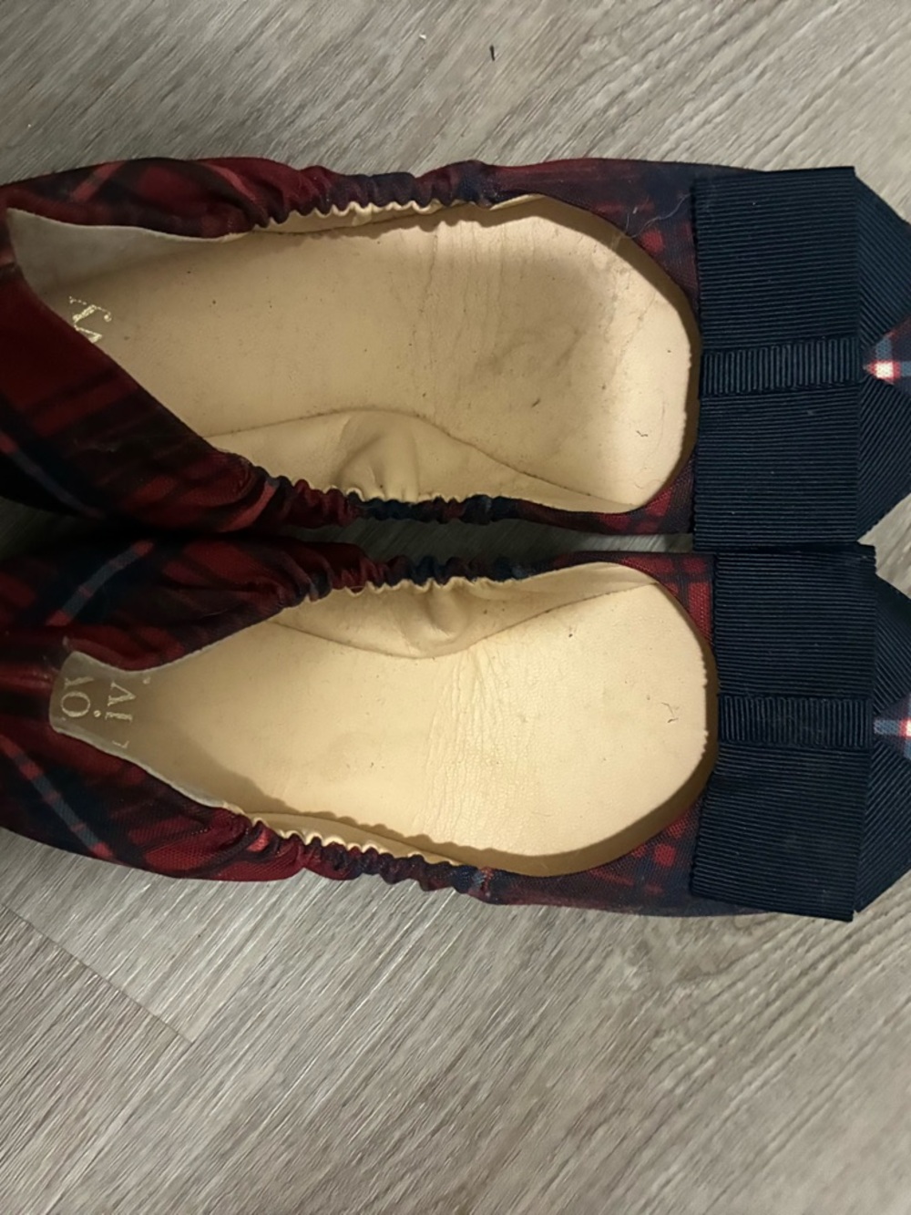 crown & ivy Red Plaid Ballet Flats with Navy Bow